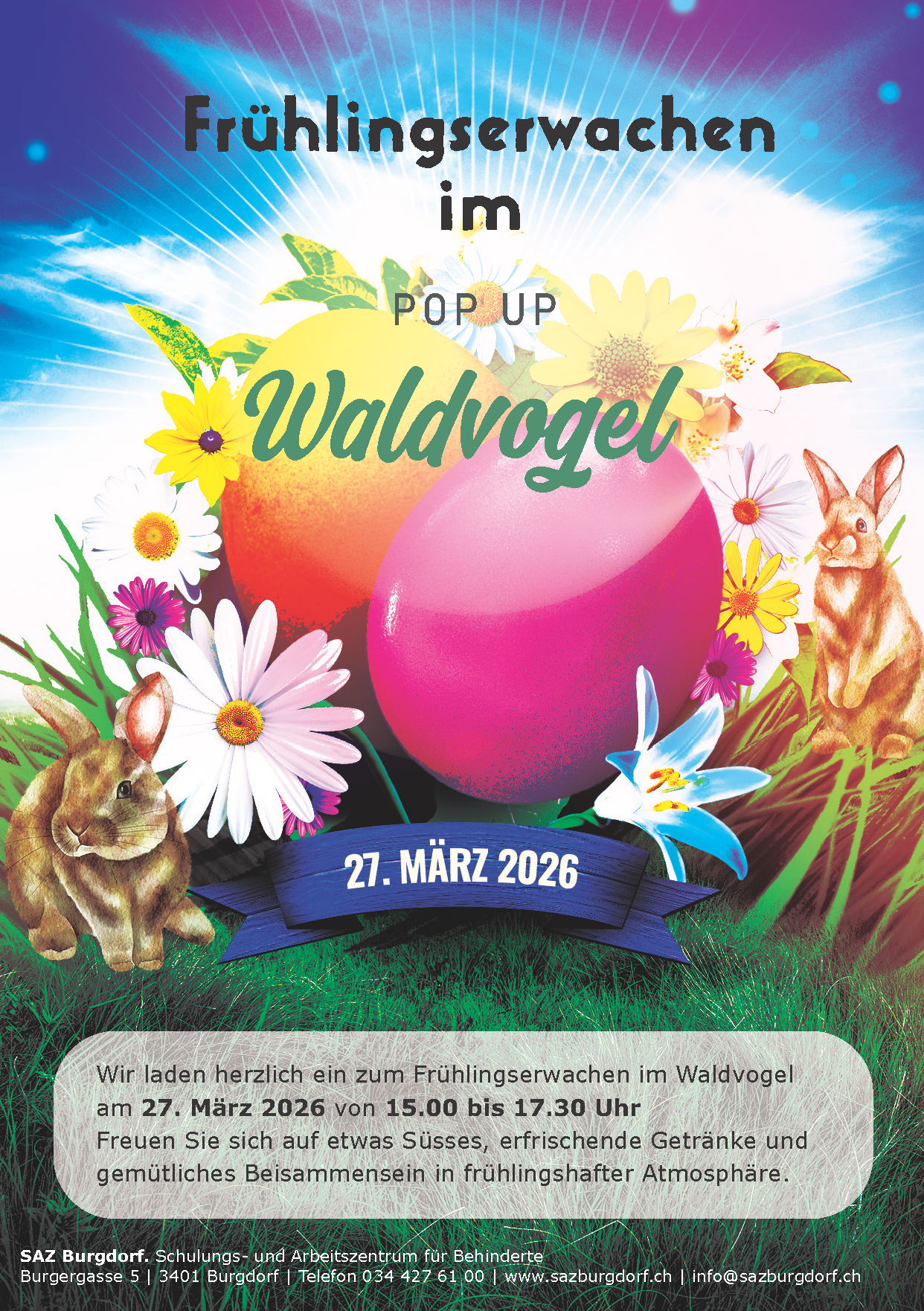 Frühlingserwachen im PopUp Waldvogel des SAZ Burgdorf am 27. März 2026 mit Frühlingsblumen und bunten Ostereiern
